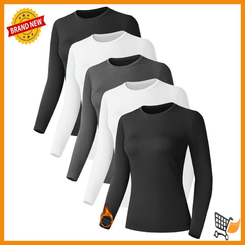 Women's Fleece-Lined Thermal Base Layer Long Sleeve Top 5-Pack